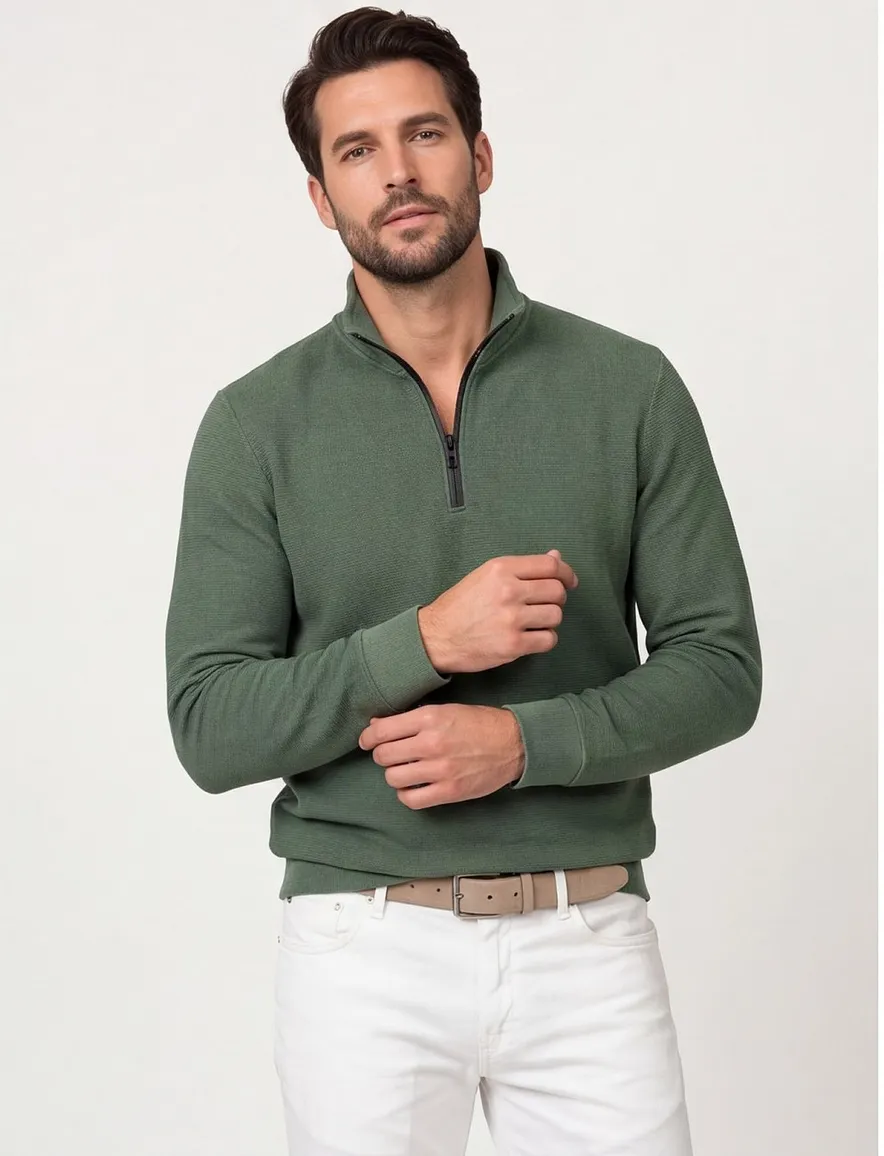 Trui Casa Moda zwarte half zip rits gebreid groen