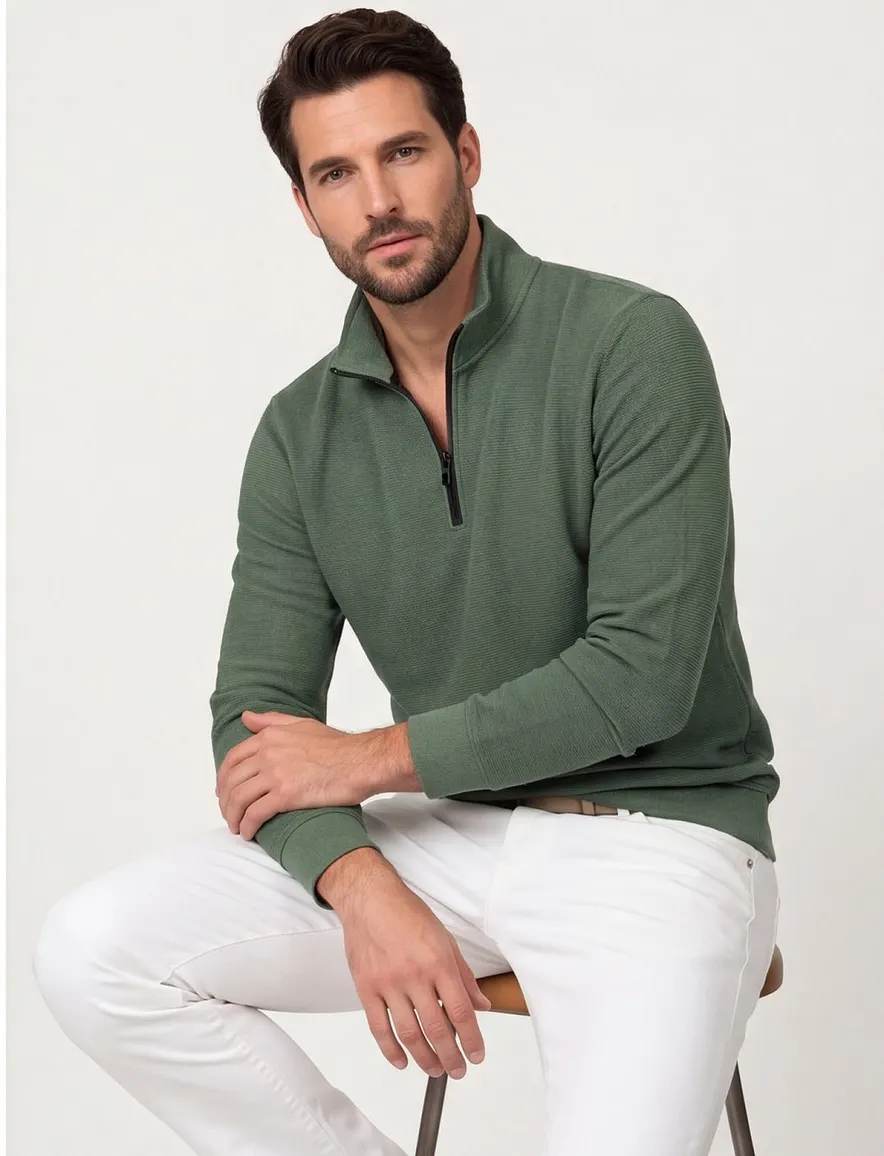 Trui Casa Moda zwarte half zip rits gebreid groen