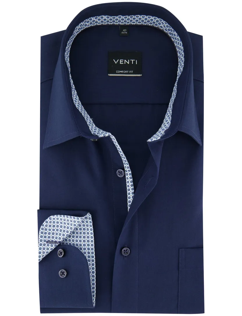navy comfort fit overhemd Venti borstzak 100% katoen strijkvrij