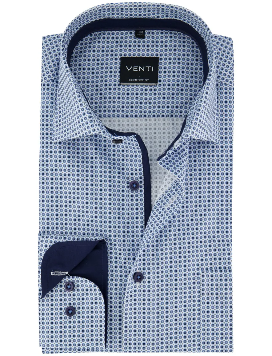 Venti Comfort fit blauw geprint zakelijk lange mouwen overhemd