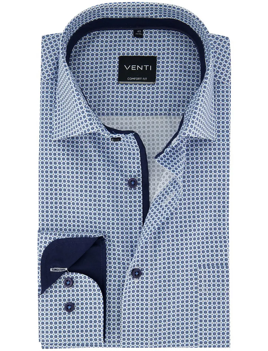 Venti Comfort fit blauw geprint zakelijk lange mouwen overhemd