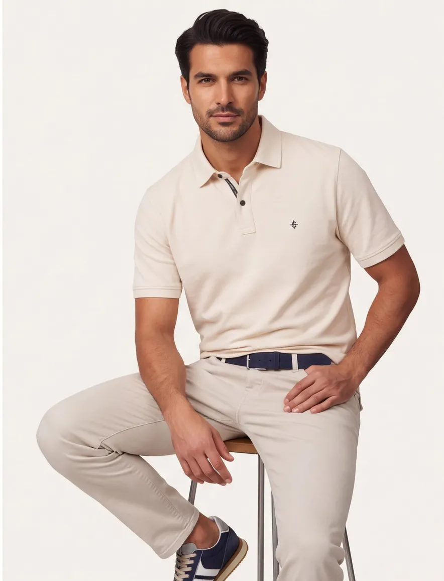 polo creme Casa Moda korte mouw 2-knoops effen