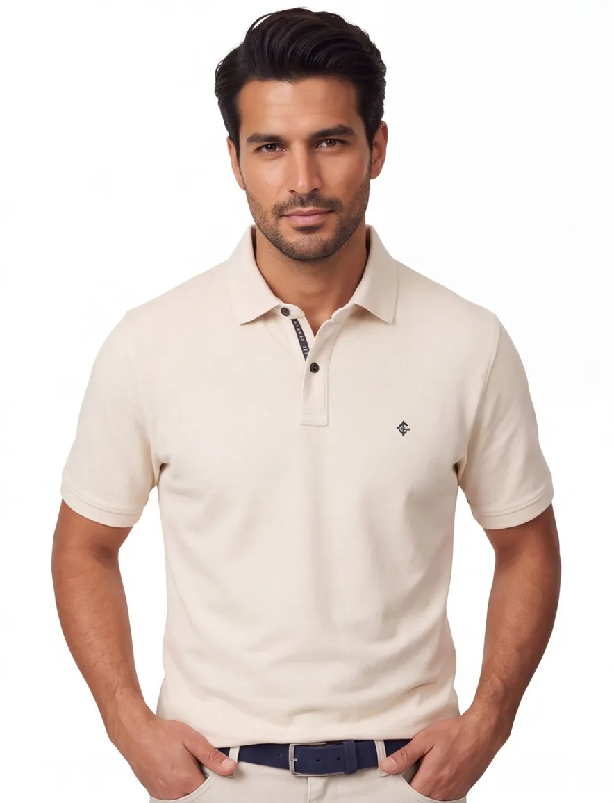 polo creme Casa Moda korte mouw 2-knoops effen