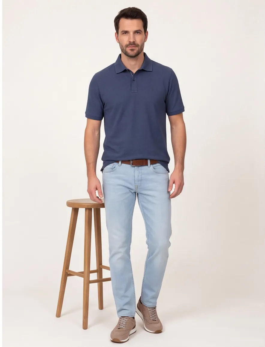 polo blauw Casa Moda korte mouw 2-knoops gemêleerd