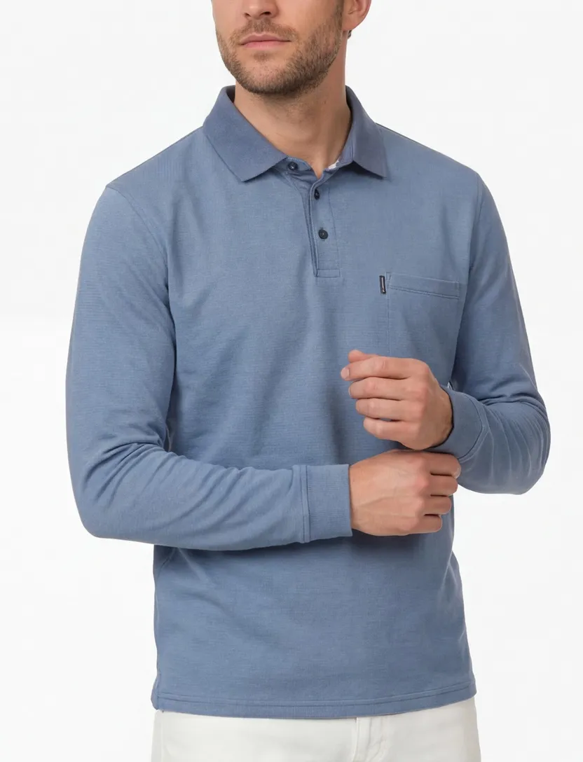 polo 3 knoops met borstzak Casa Moda blauw effen katoen