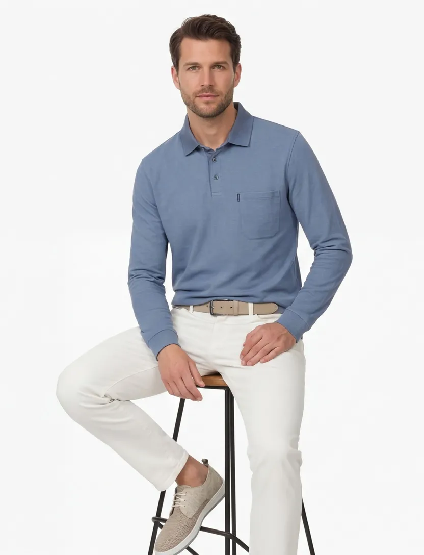 polo 3 knoops met borstzak Casa Moda blauw effen katoen
