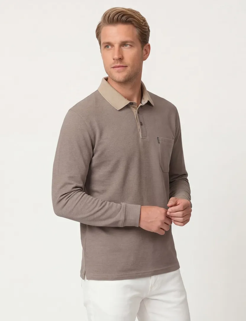 polo 3 knoops met borstzak Casa Moda bruin effen katoen