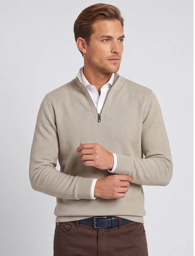 Gebreide beige Casa Moda trui met half zip