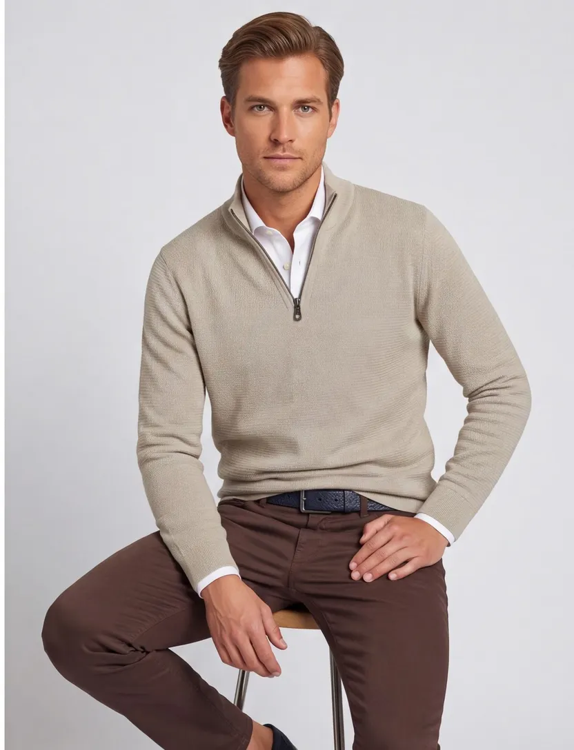 Gebreide beige Casa Moda trui met half zip