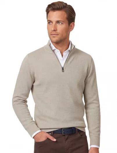 Casa Moda Trui Casa Moda half zip gebreid beige