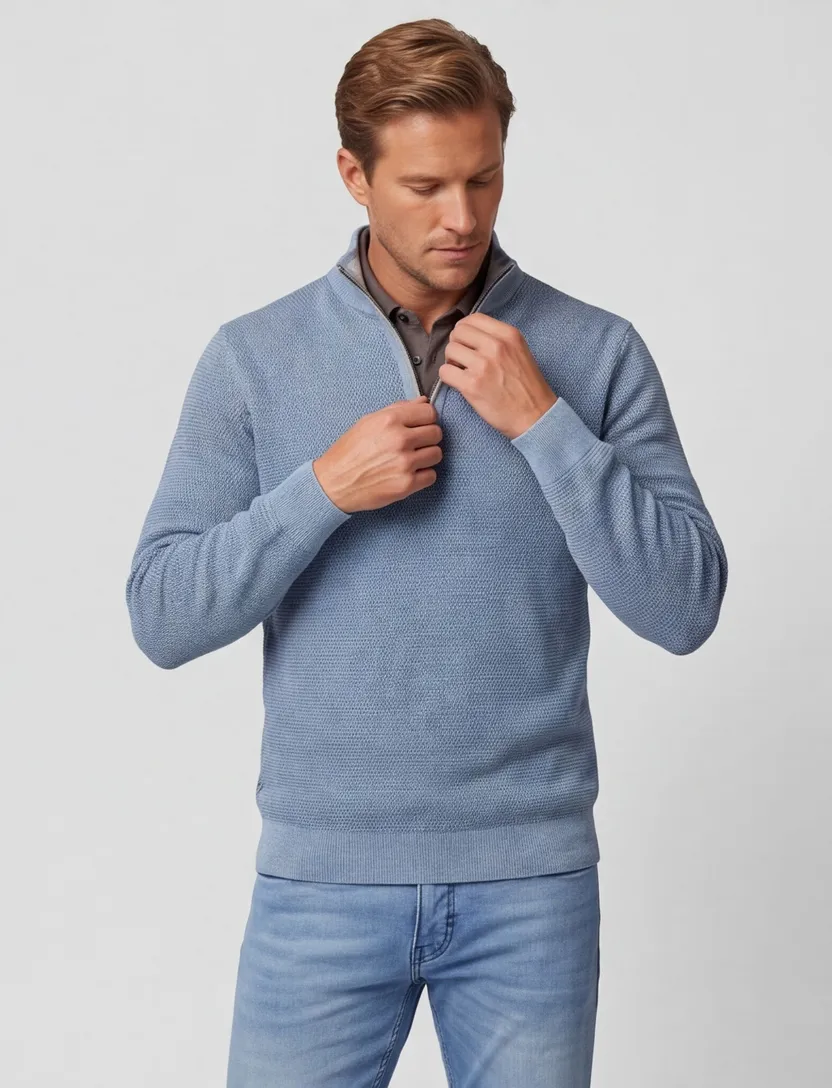 trui half-zip met textuur Casa Moda blauw ronde hals
