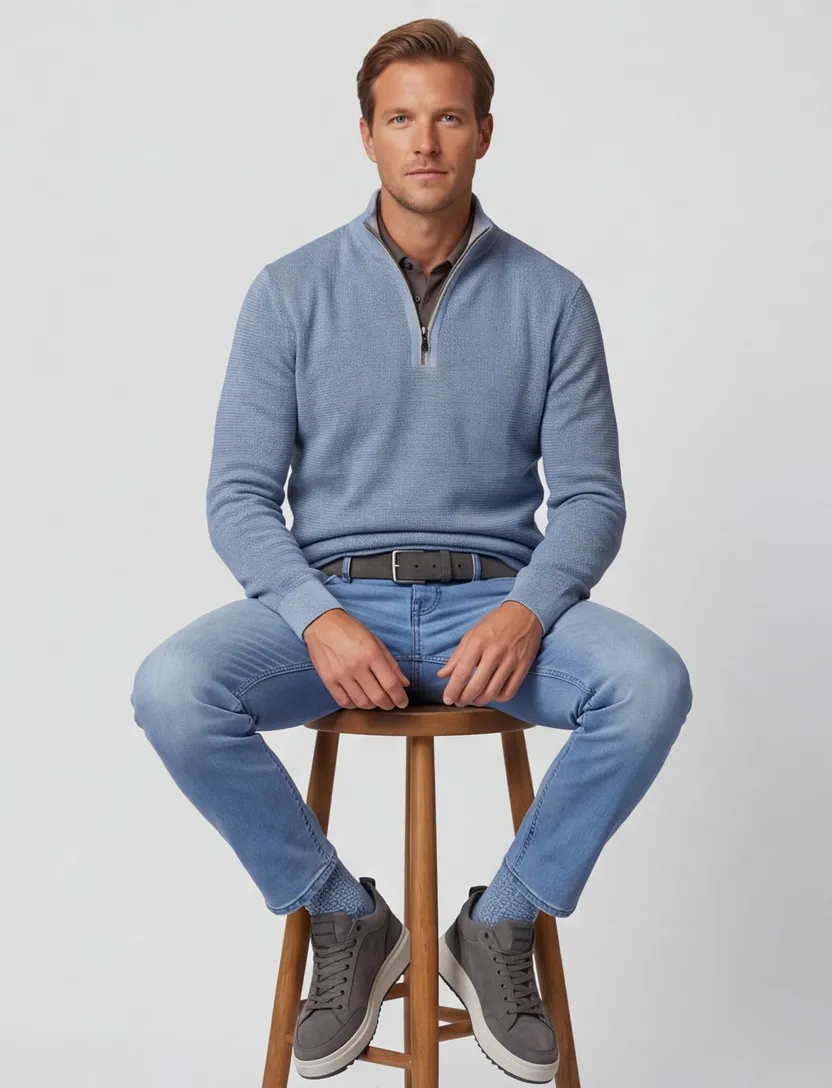 trui half-zip met textuur Casa Moda blauw ronde hals