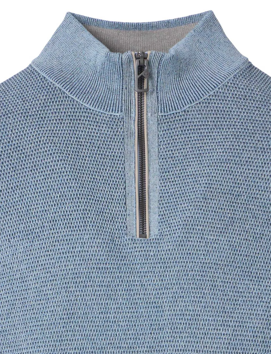 Casa Moda trui half-zip blauw textuur 100% katoen gemêleerd