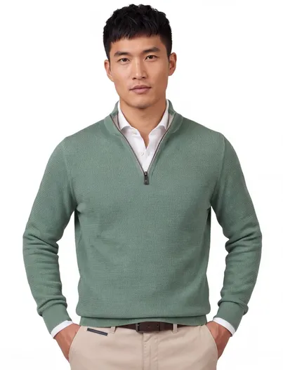 Casa Moda Gebreide groene Casa Moda trui met half zip