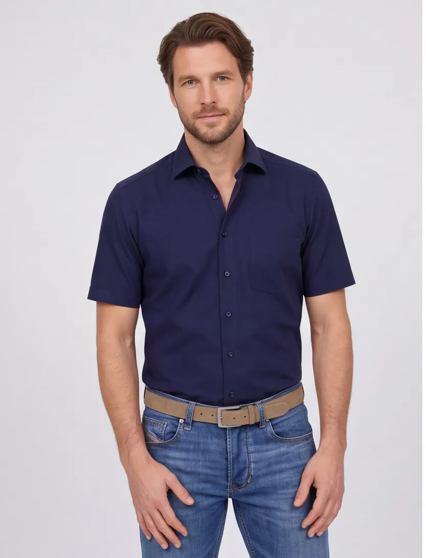 Strijkvrij overhemd Venti casual fit navy met borstzak