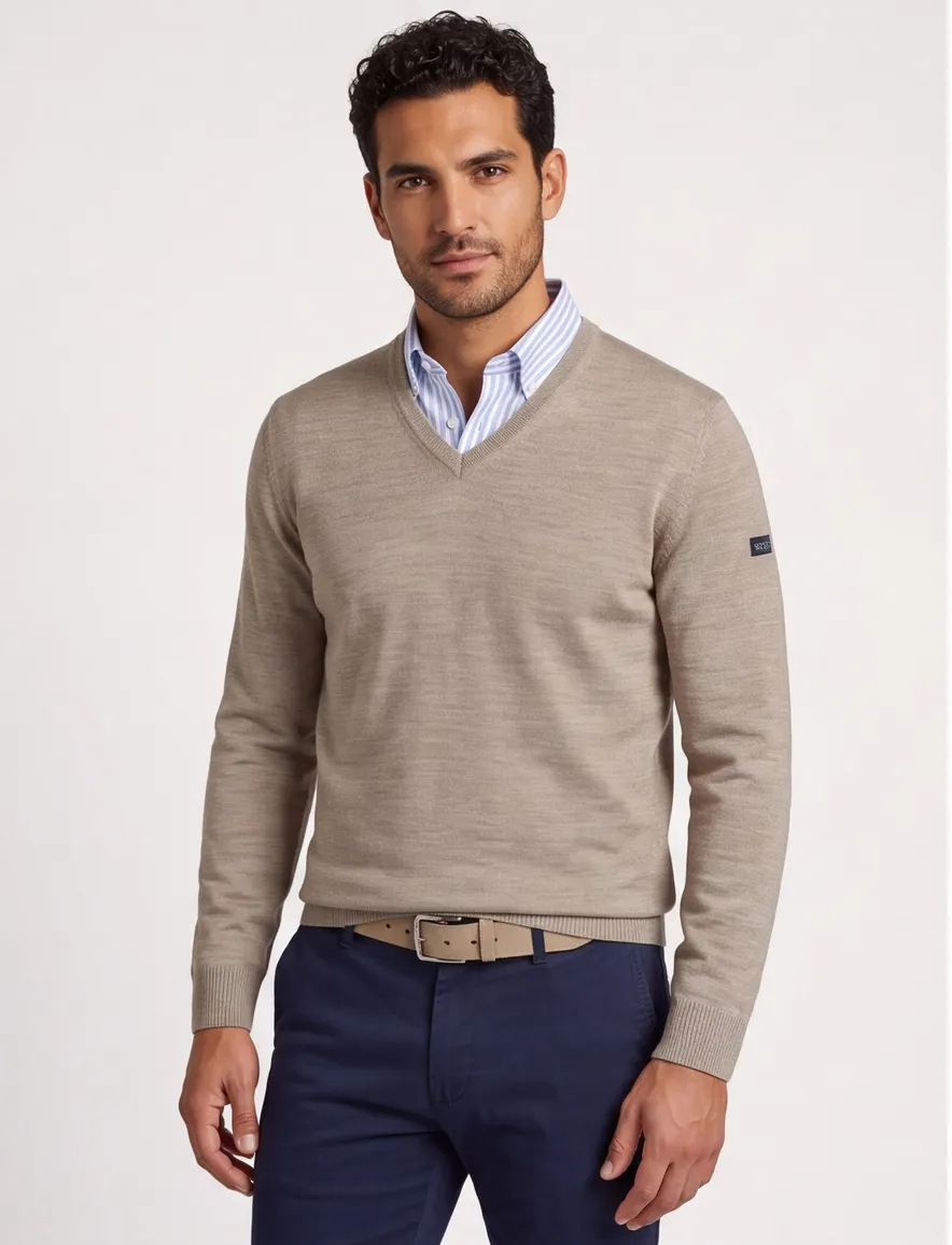 Beige trui Maerz normale fit lamswol v-hals