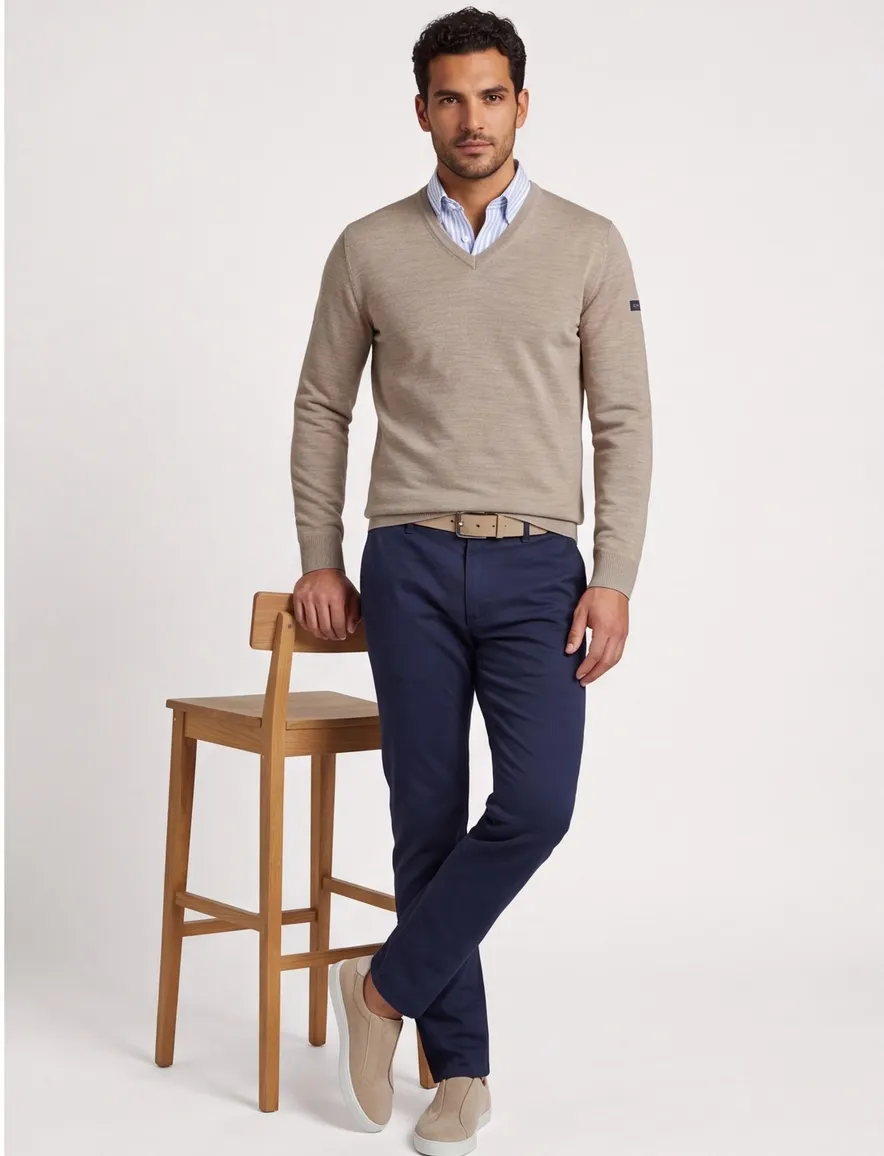 Beige trui Maerz normale fit lamswol v-hals