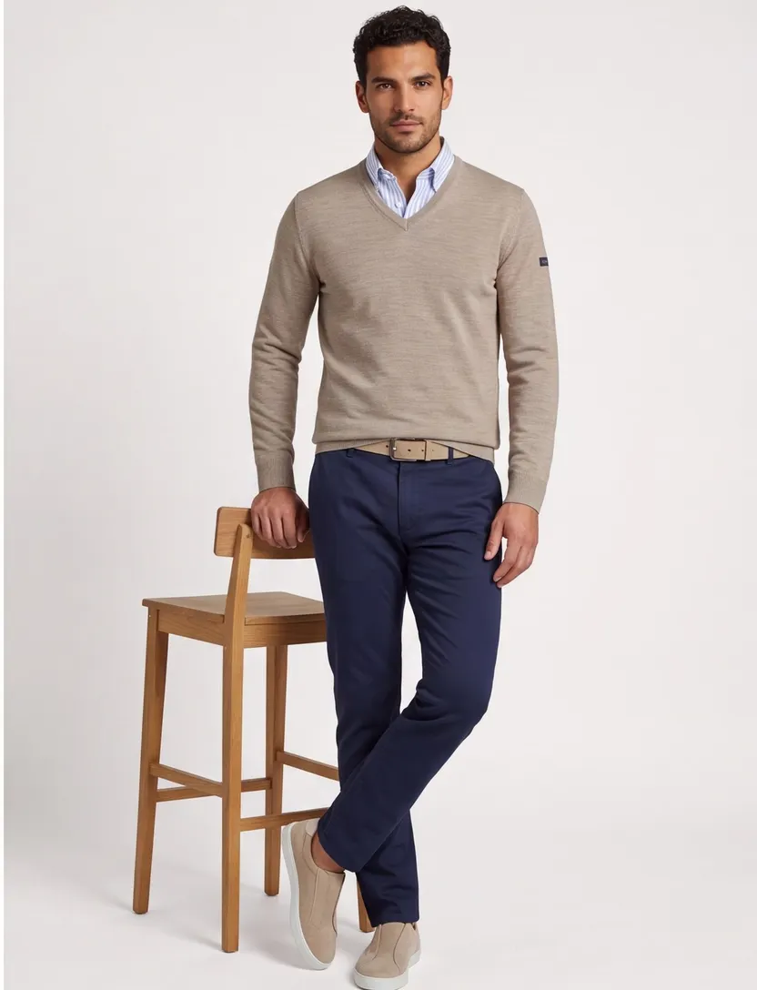 Trui v-hals beige Maerz lamswol normale fit