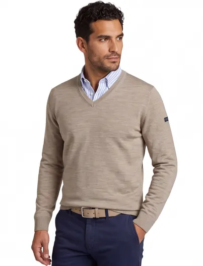 Maerz Trui v-hals beige Maerz lamswol normale fit