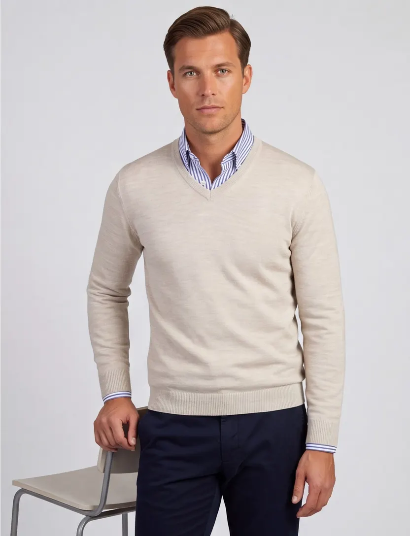 Gebreide v hals trui Maerz beige