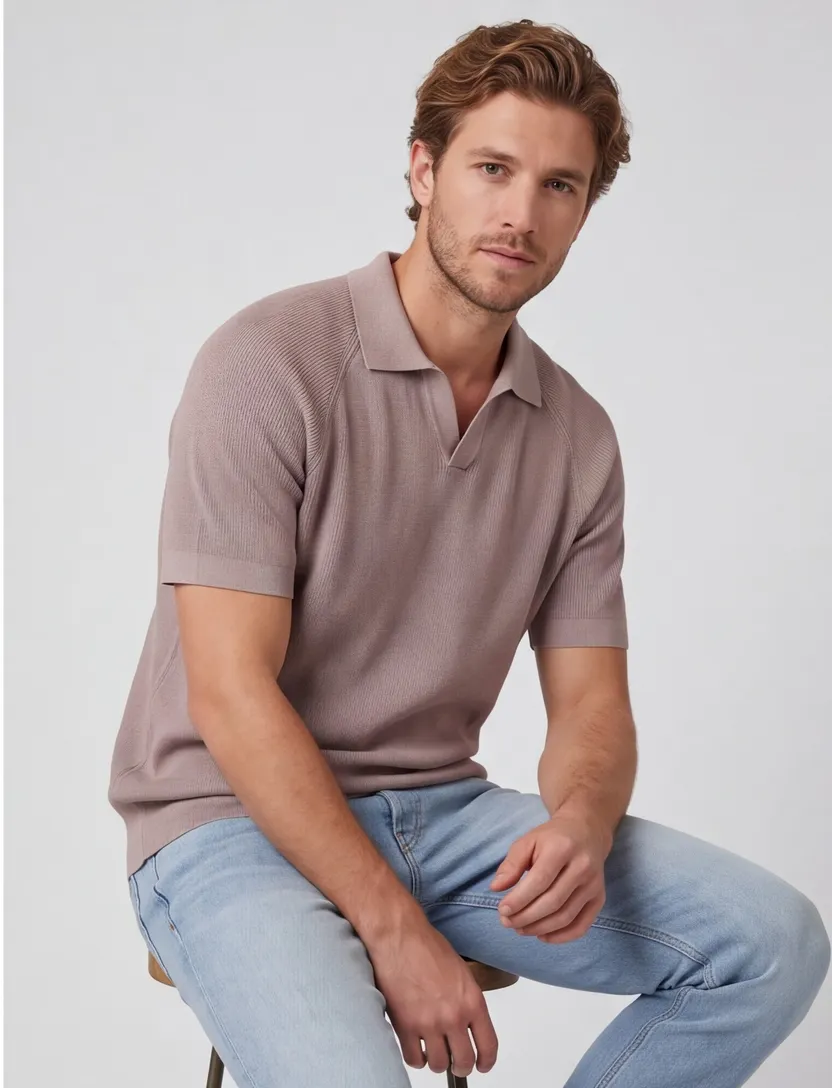 Poloshirt beige v hals Profuomo normale fit korte mouw