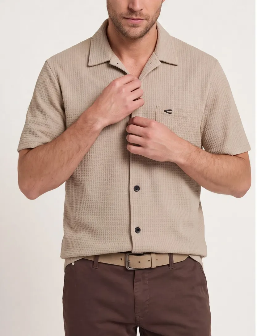 Camel Active overhemd beige wafel textuur wijde fit