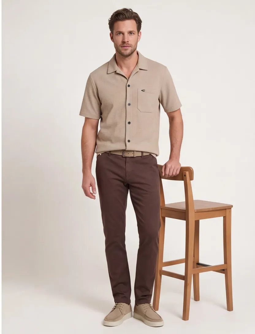 Camel Active overhemd beige wafel textuur wijde fit