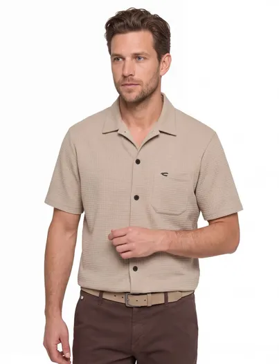 Camel Active Camel Active overhemd beige wafel textuur wijde fit