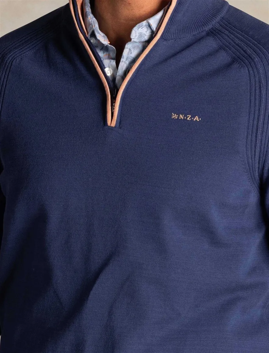 Blauwe trui New Zealand normale fit half zip