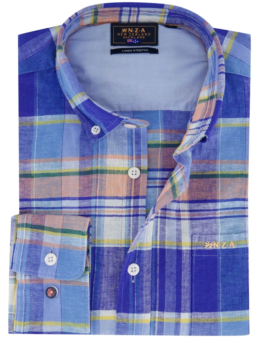 NZA Overhemd blauw geruit linnen