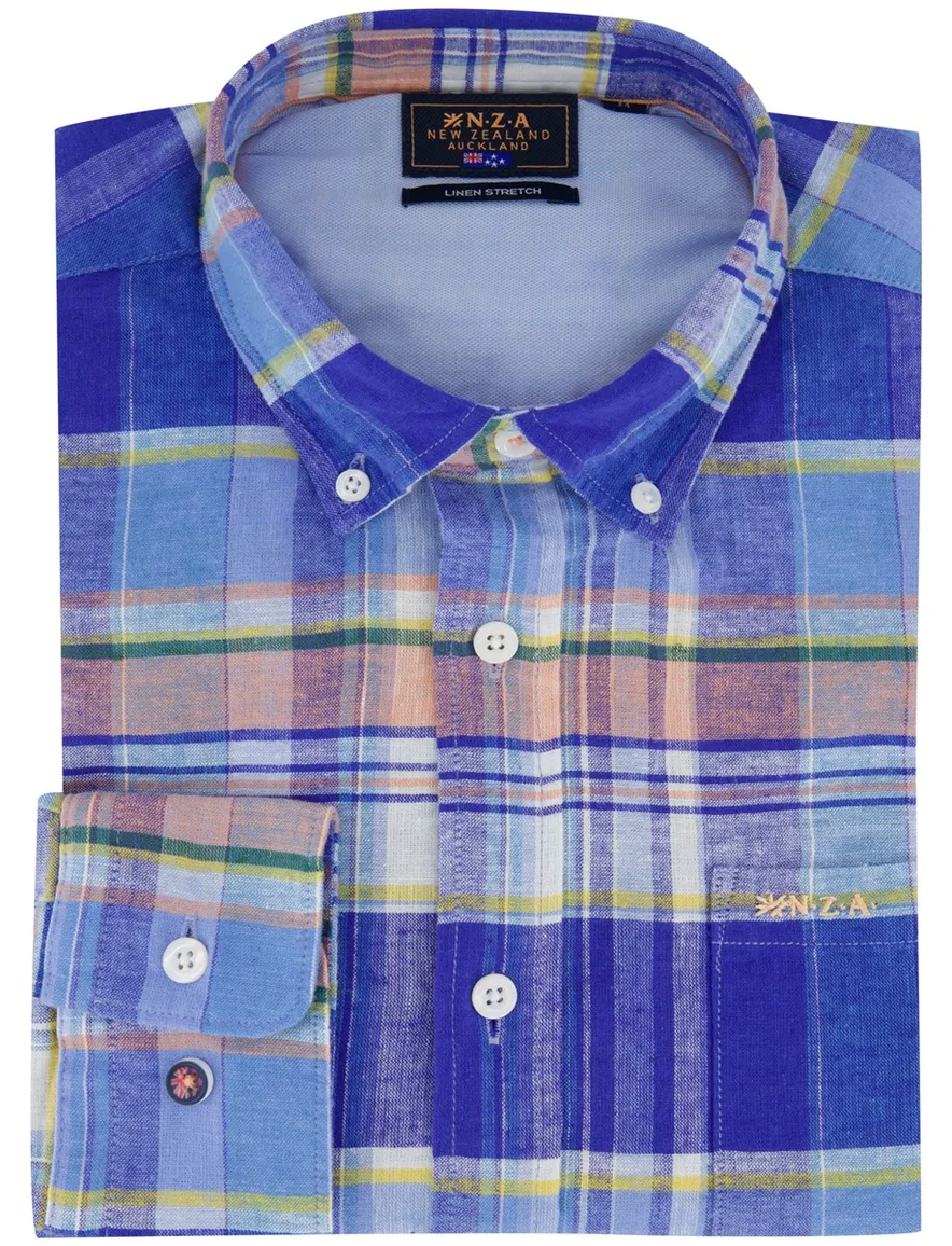 NZA Overhemd blauw geruit linnen