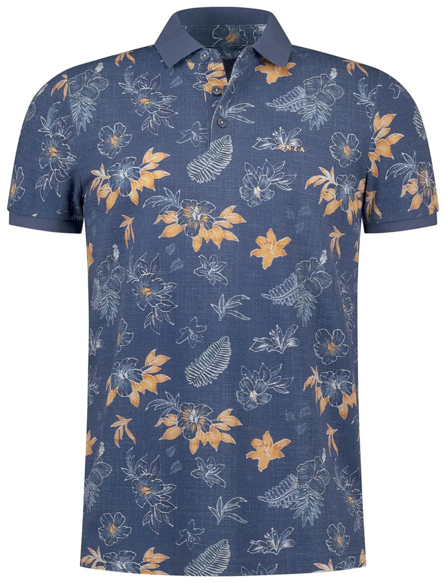 Donkerblauwe poloshirt New Zealand oranje bloemen print