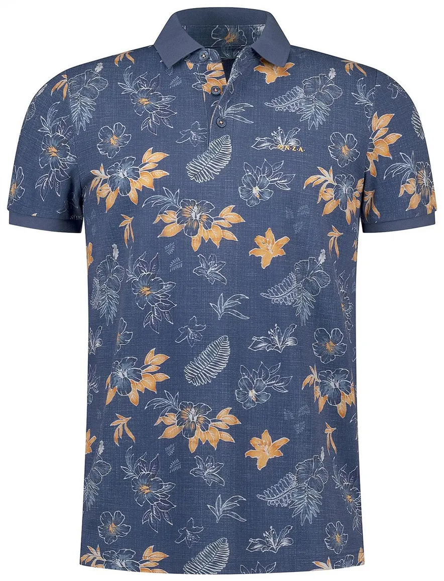 Donkerblauwe poloshirt New Zealand oranje bloemen print