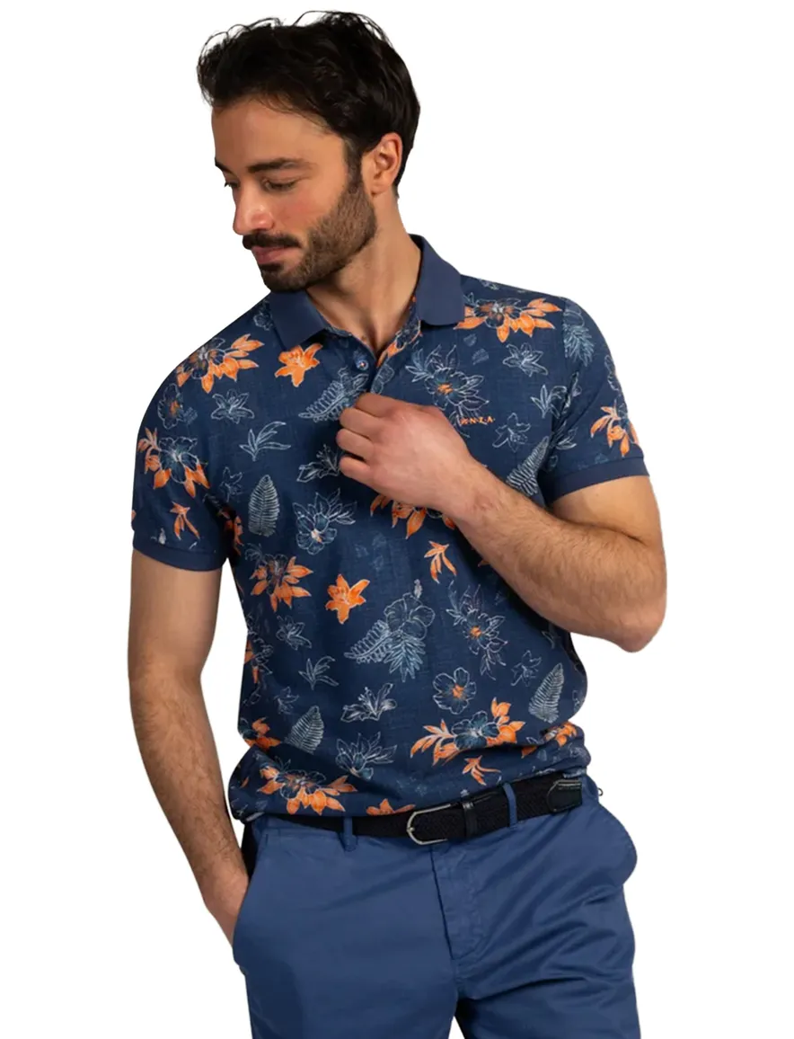 New Zealand poloshirt donkerblauw oranje bloemen print