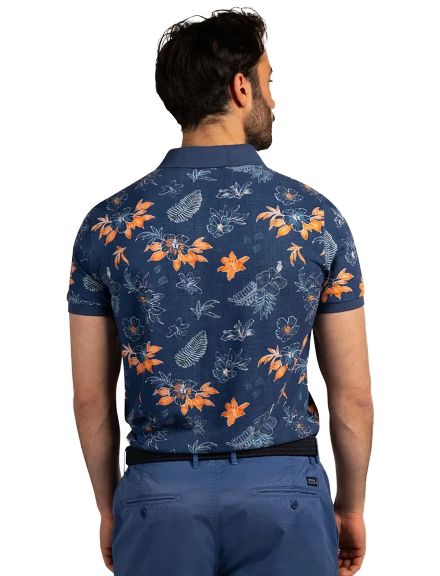 New Zealand poloshirt donkerblauw oranje bloemen print