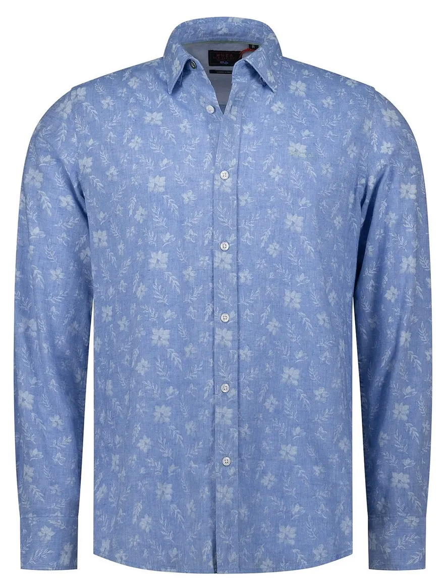 NZA overhemd blauw bloemen geprint linnen
