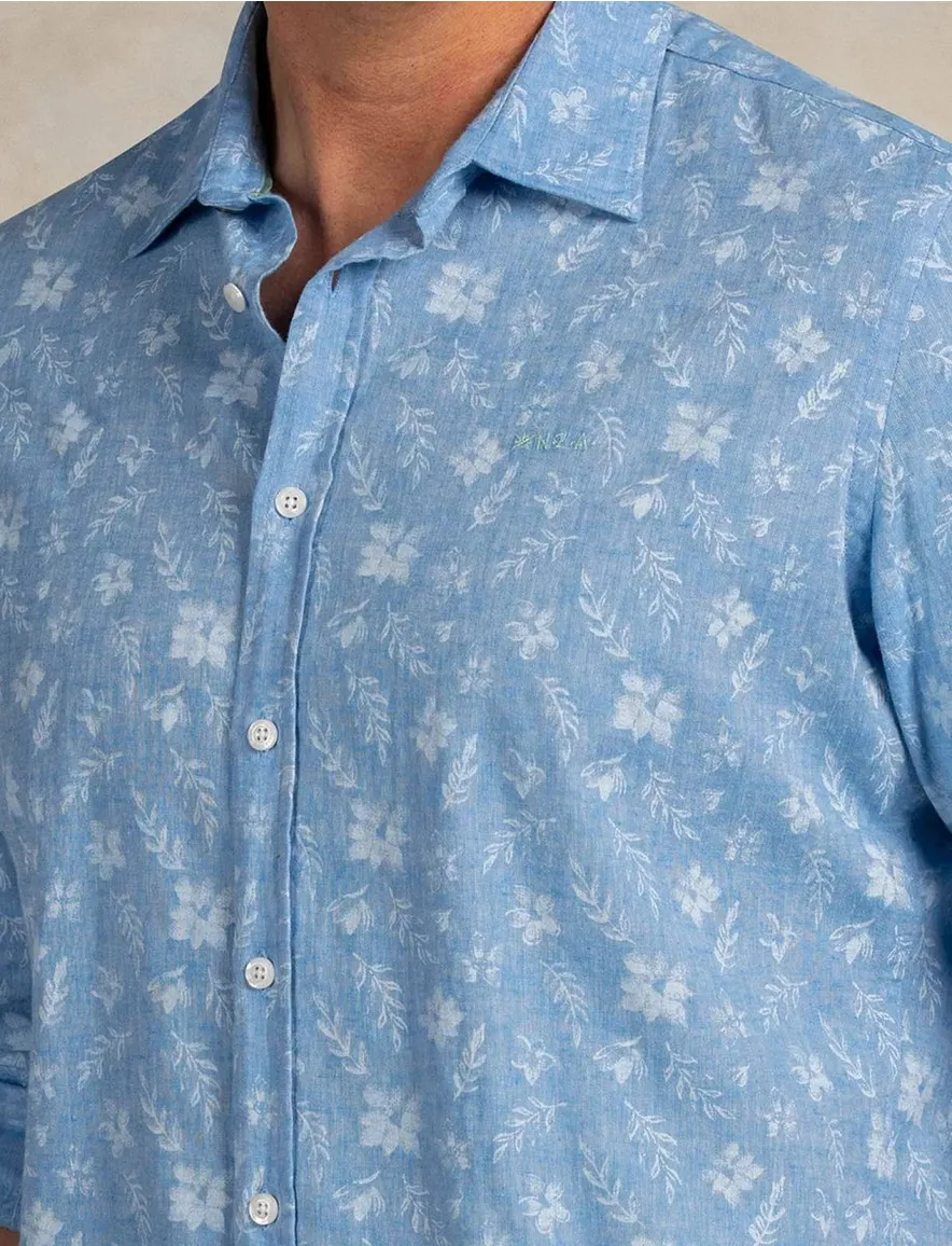 NZA overhemd blauw bloemen geprint linnen