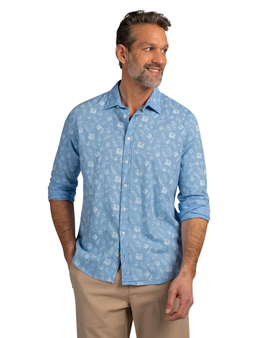 NZA overhemd blauw bloemen geprint linnen