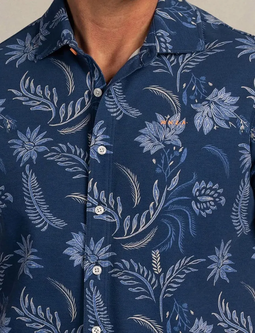 NZA overhemd blauw bloemen geprint korte mouw