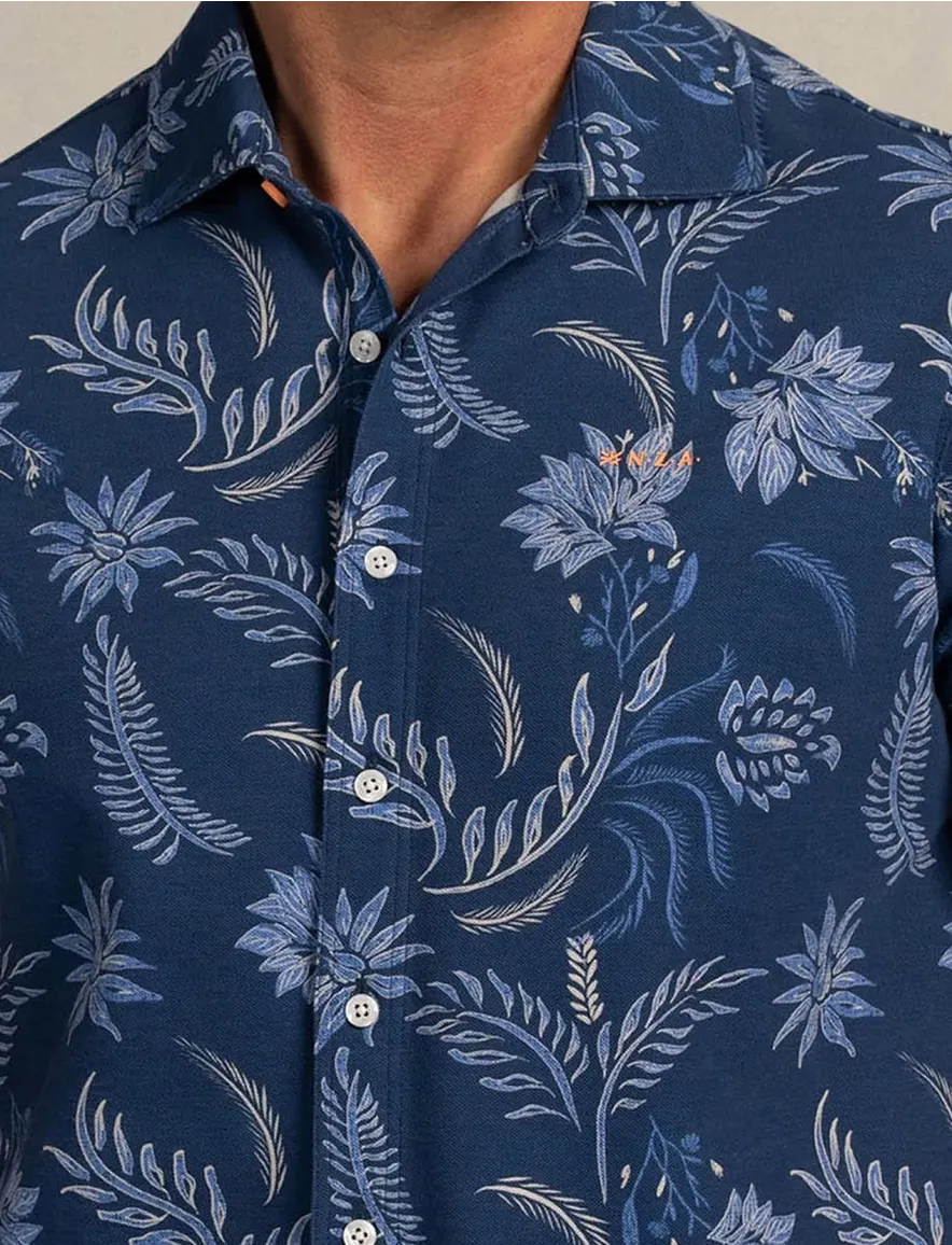 NZA overhemd blauw bloemen geprint korte mouw