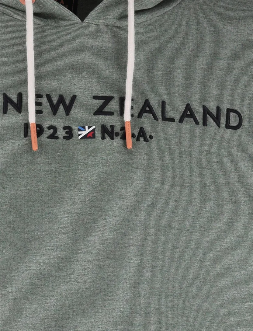 Hoodie met buidelzak New Zealand groen gemeleerd en oranje details