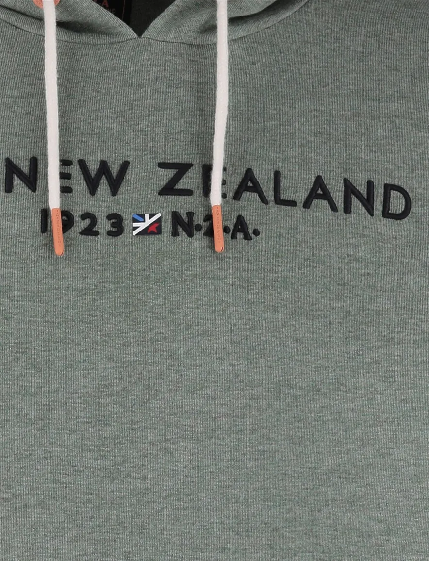 New Zealand hoodie met buidelzak groen gemeleerd en oranje details