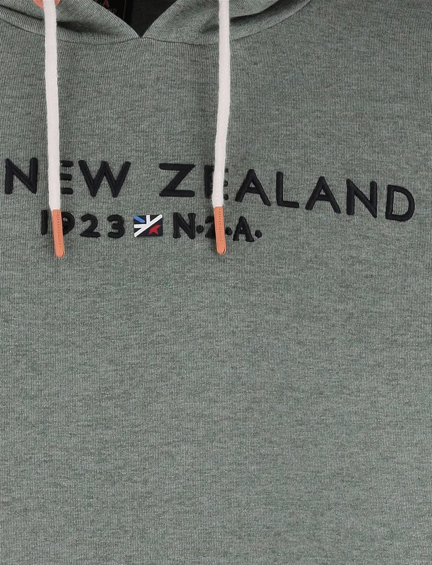 New Zealand hoodie met buidelzak groen gemeleerd en oranje details