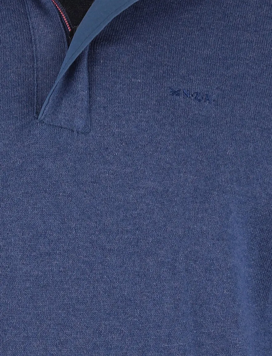 New Zealand gemeleerde trui donkerblauw half zip en knopen