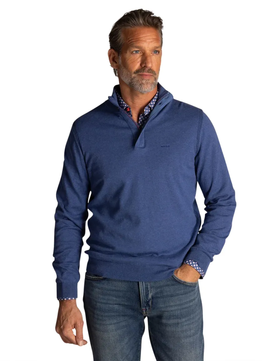 New Zealand gemeleerde trui blauw half zip en knopen