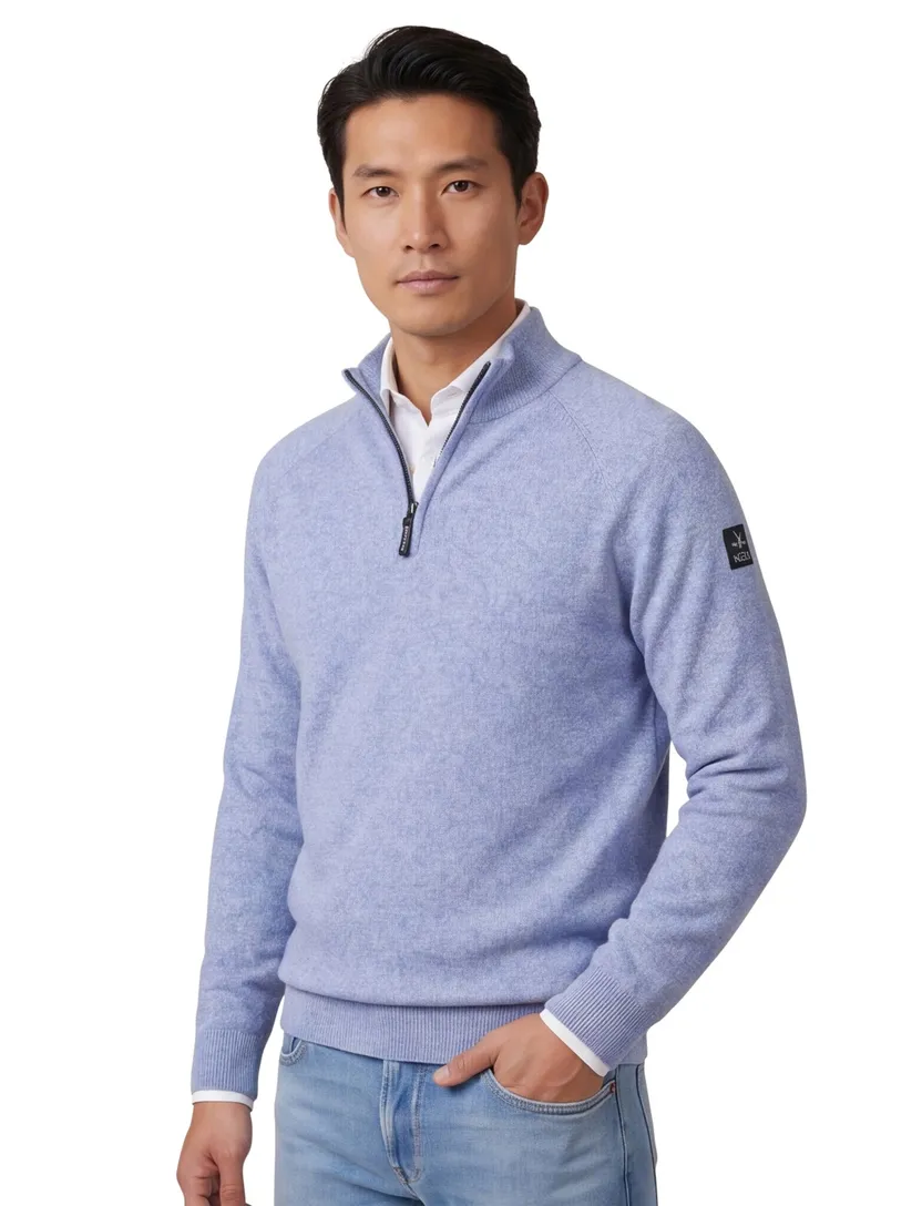 trui New Zealand blauw half zip gemeleerd normale fit