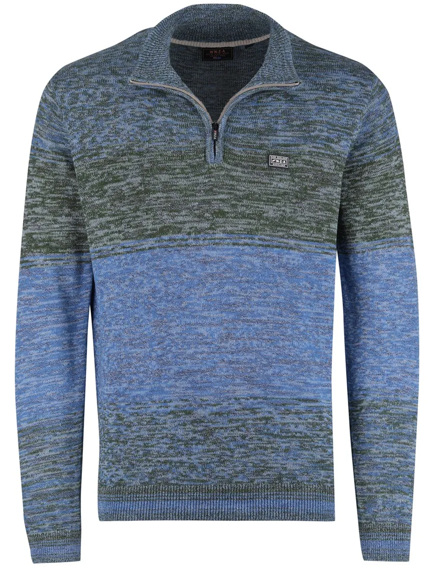 New Zealand gemeleerde trui blauw groen gebreid gestreept