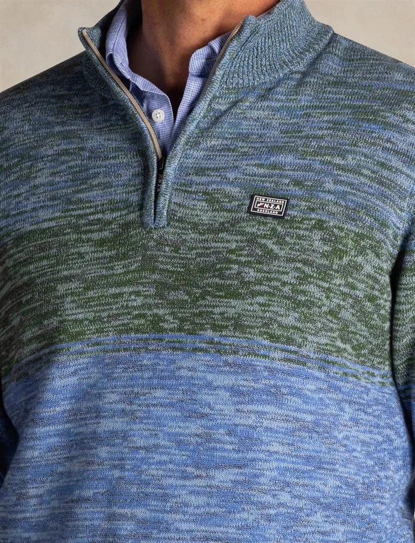 Half zip New Zealand trui gebreid blauw en groen gemeleerd