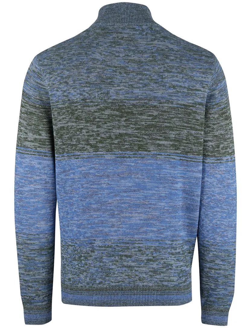 Half zip New Zealand trui gebreid blauw en groen gemeleerd