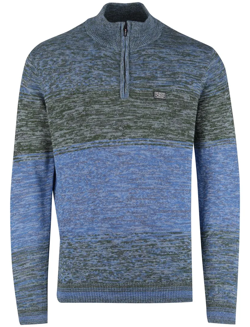 Half zip New Zealand trui gebreid blauw en groen gemeleerd